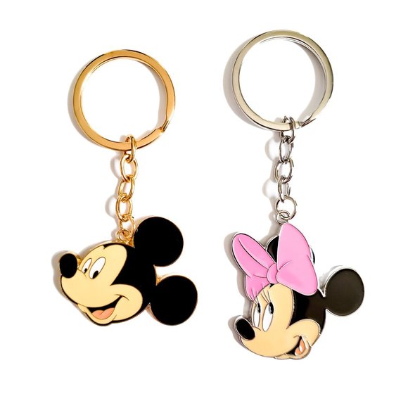 Disney Mickey Mouse and Minnie Mouse Keychain Set 2pc Metal Key Ring Retro Face - Picture 1 of 2